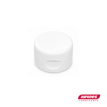 Load image into Gallery viewer, White replacement cap closed on a white background, featuring Haynes Lubricants logo.