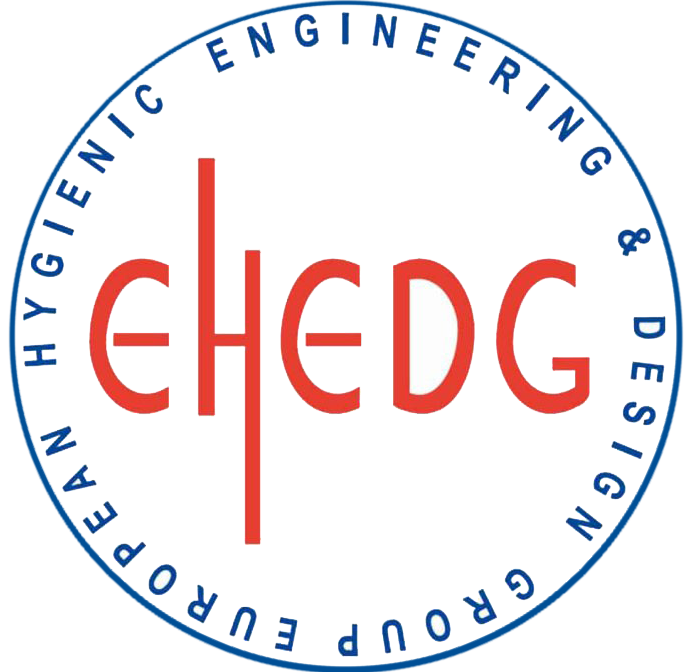 Logo of European Hygienic Engineering & Design Group (EHEDG) with red text and blue circular border.