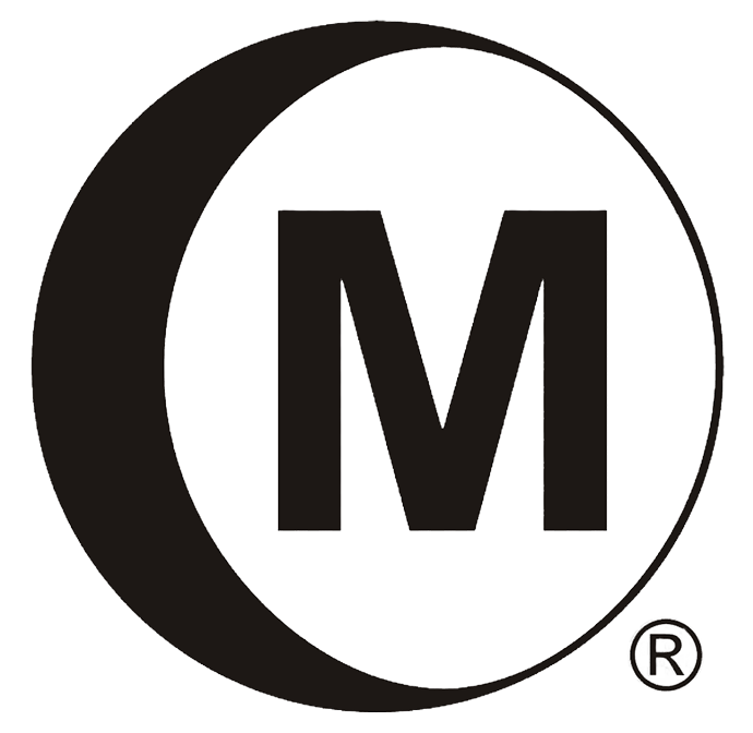Black circle with a white 'M' in the center on a white background