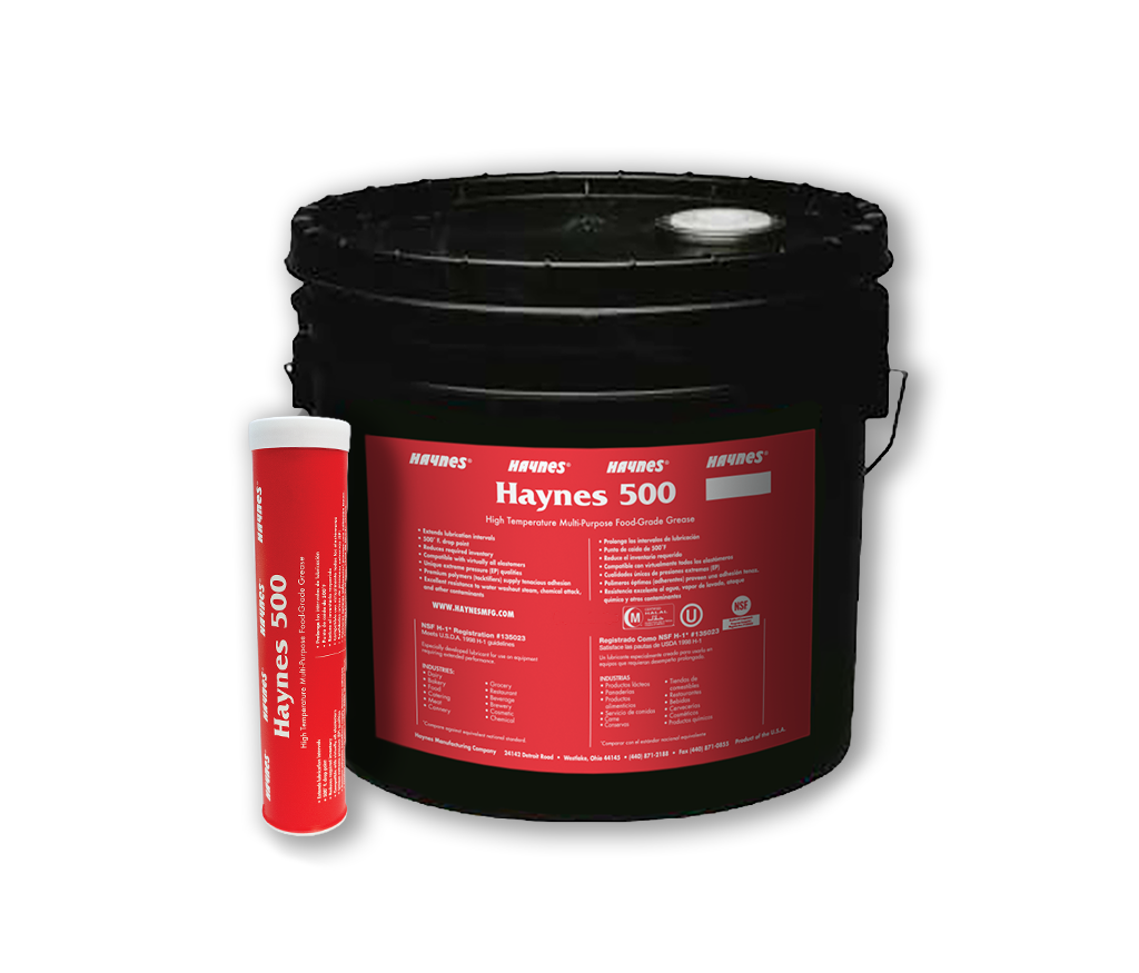 Black bucket and red tube labeled 'Haynes 500' on a white background