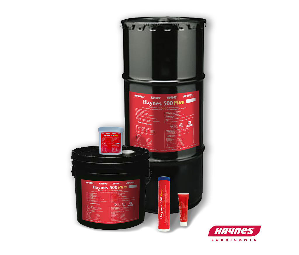 Haynes lubricants packaging including a 100lb drum, smaller containers, and a tube on a white background with the Haynes Lubricants logo on the bottom right.