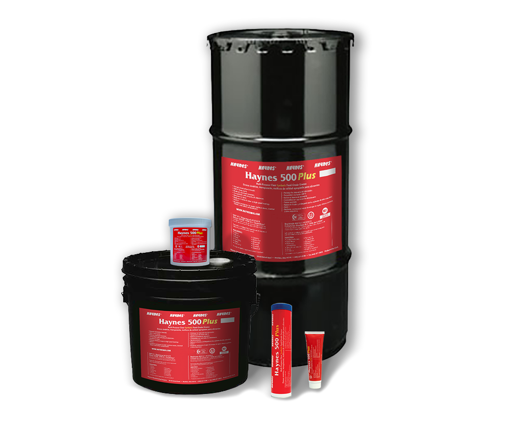 Haynes 500 Plus products including a 100lb drum, smaller containers, and a tube on a white background.