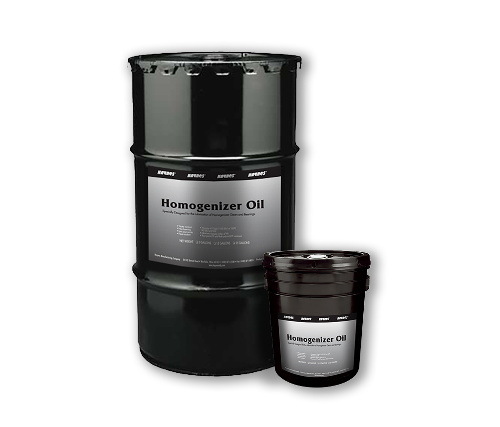 Two black homogenizer oil containers with labels on a white background
