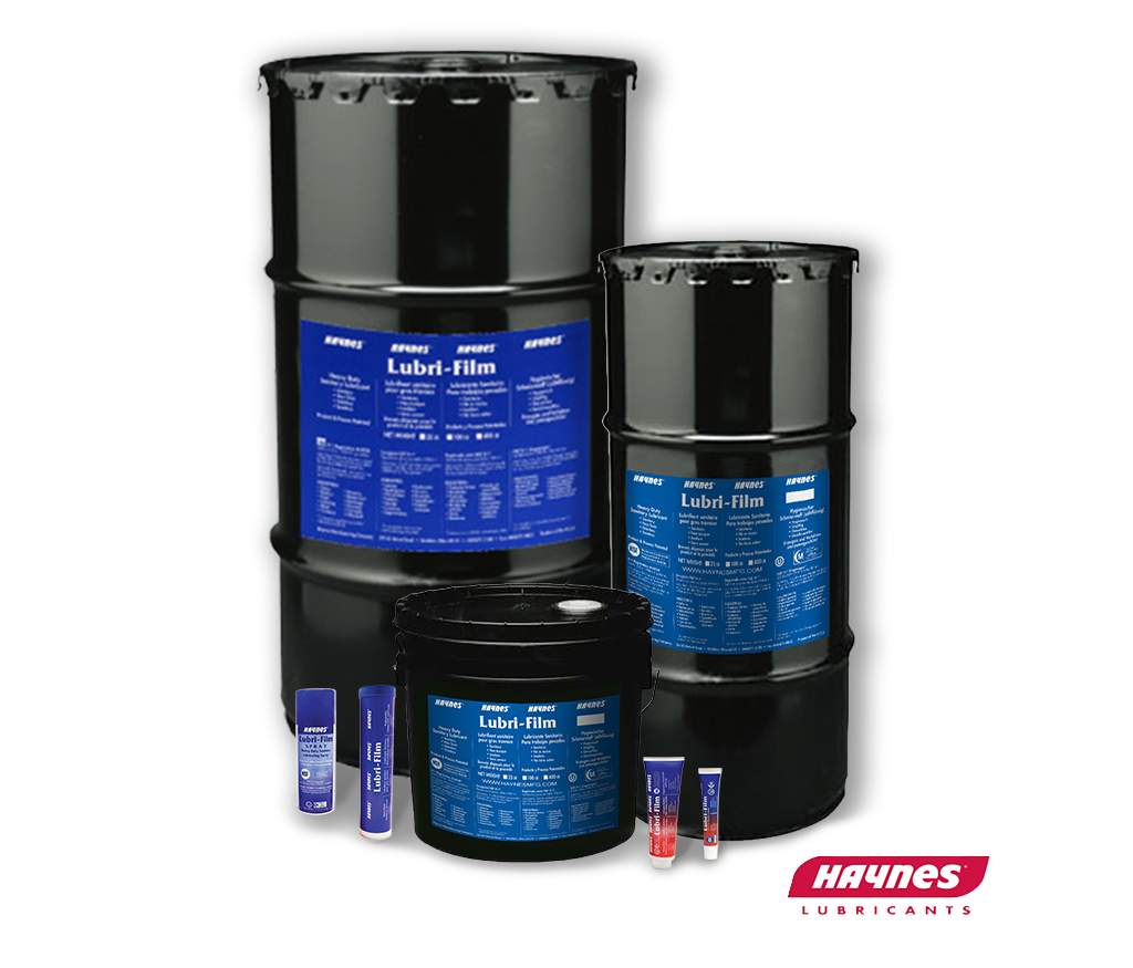 Set of HAYNES lubricants in various containers on a white background
