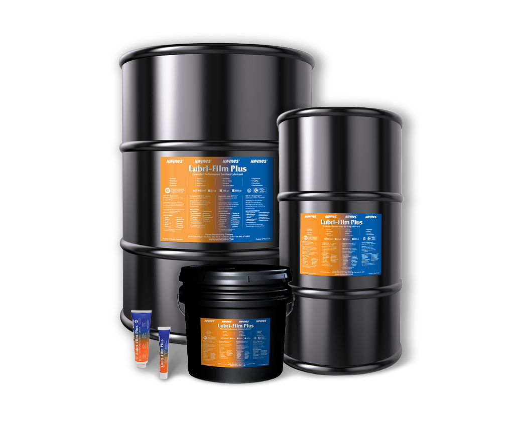 Set of black oil drums, pails, and tubes with Haynes Lubri-Film Plus labels on a white background