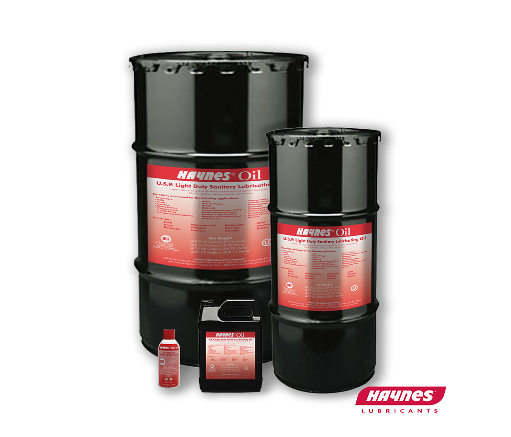 Two black oil drums with red labels and a smaller bottle on a white background, featuring the Haynes Lubricants logo.