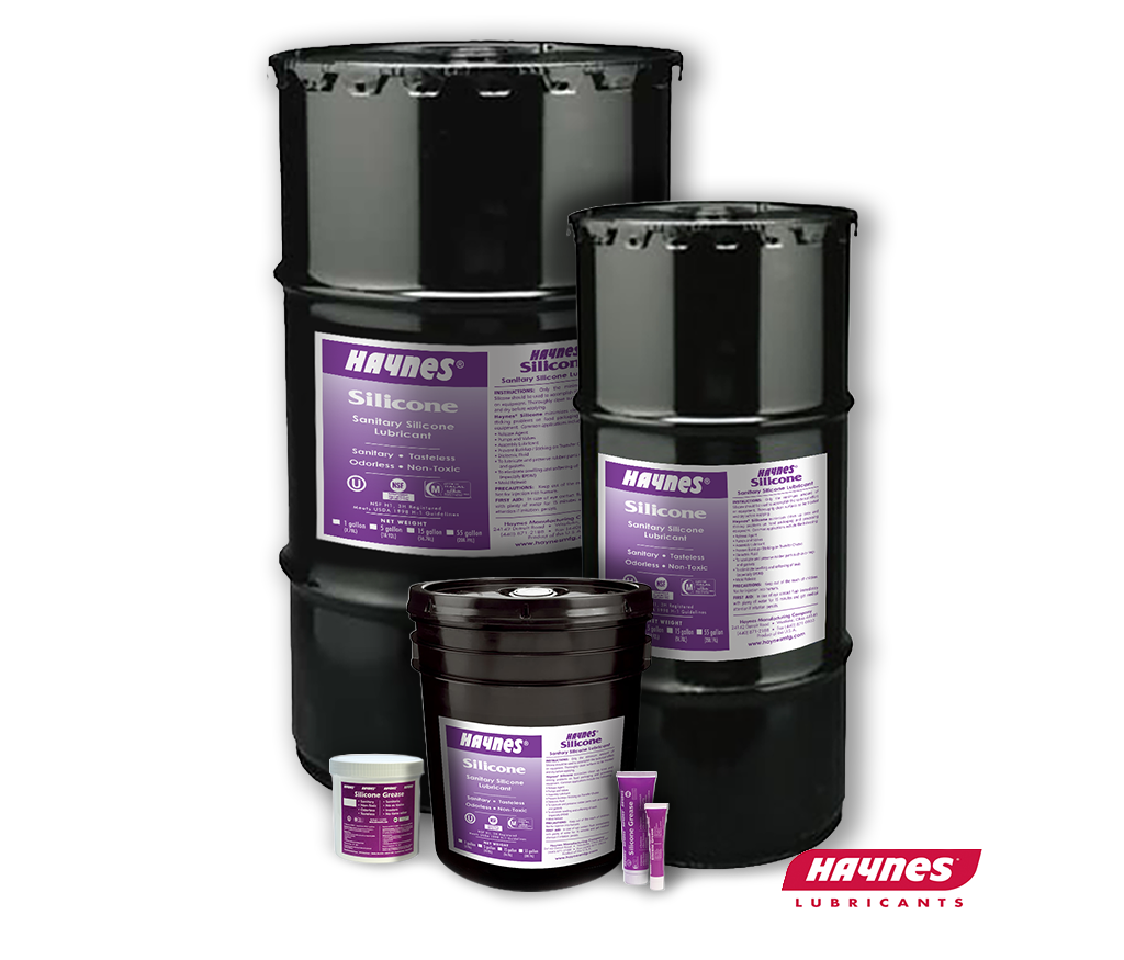 Collection of Hayens silicone greass products including a large drum, bottles, and a smaller container on a white background with Haynes logo