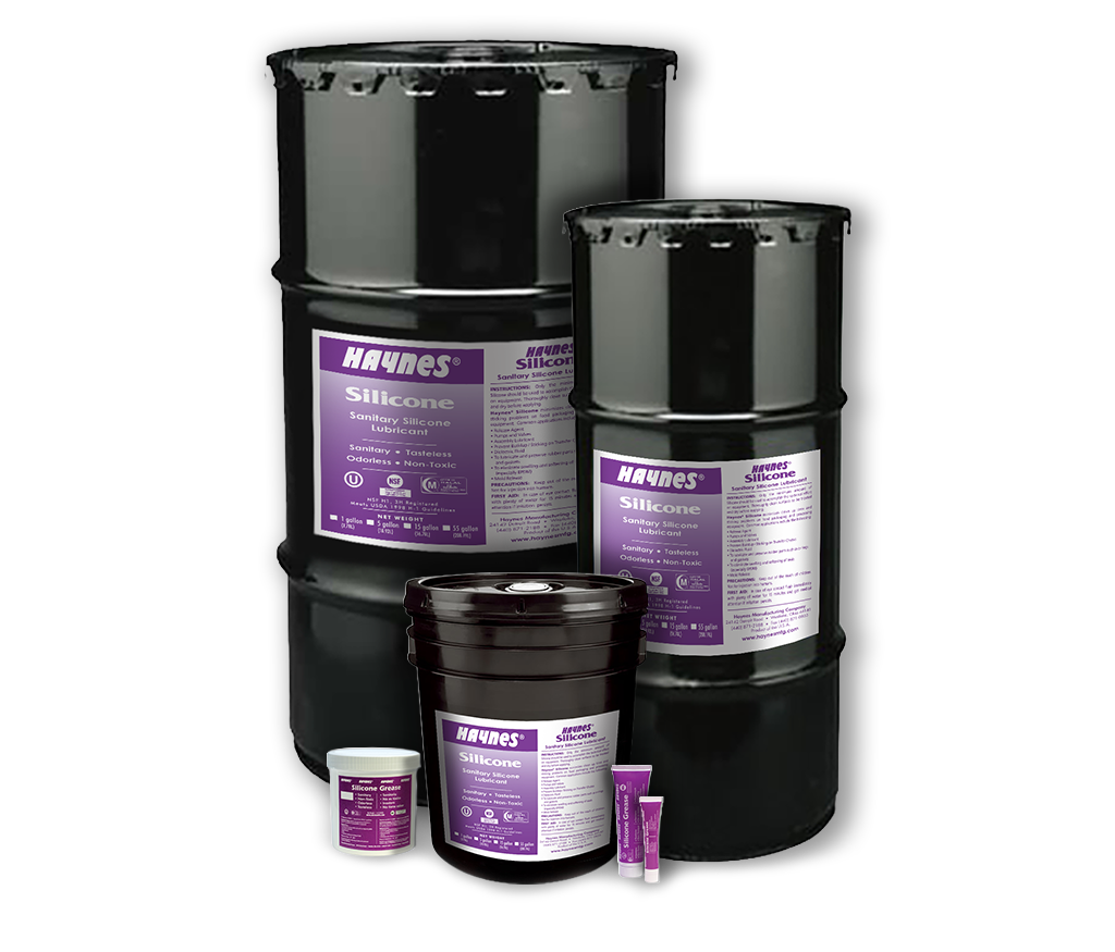 Collection of Hayens silicone greass products including a large drum, bottles, and a smaller container on a white background.