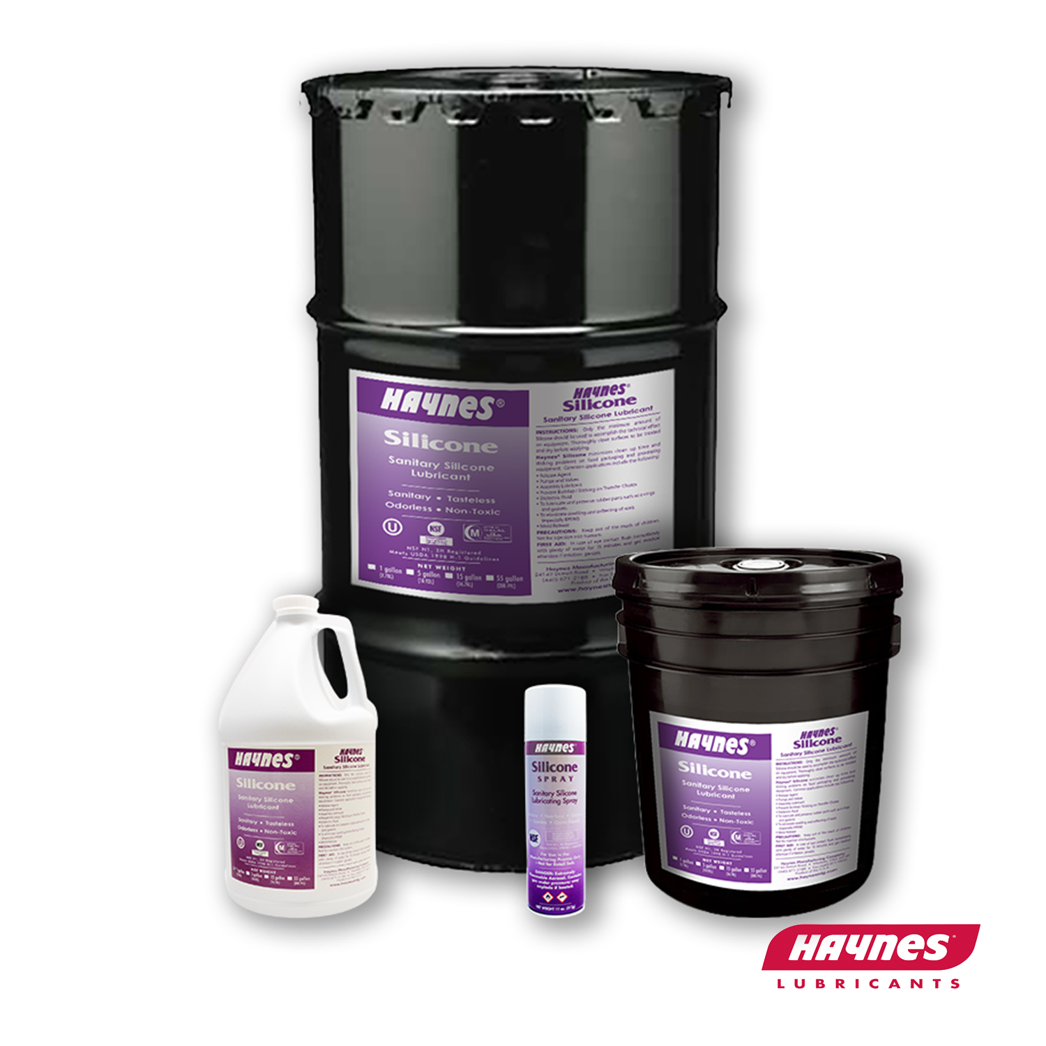 Collection of Hayens silicone oil products including a large drum, bottles, and a smaller container on a white background with a Haynes logo