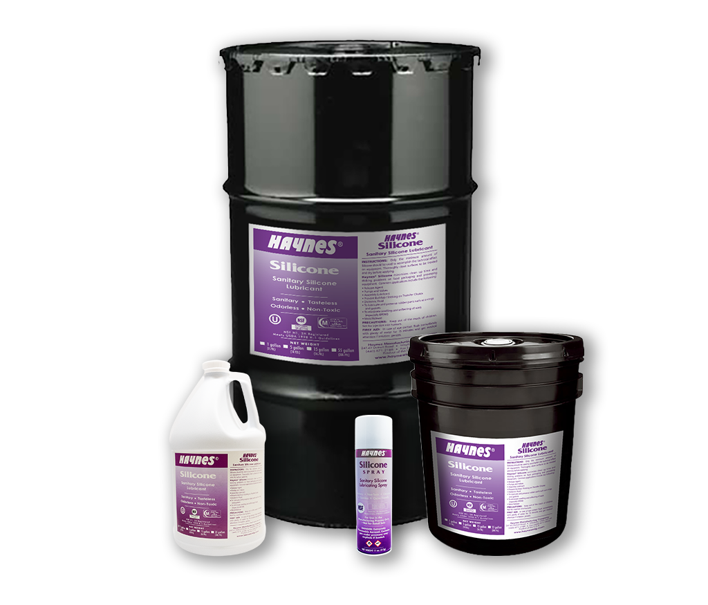 Collection of Hayens silicone oil products including a large drum, bottles, and a smaller container on a white background.