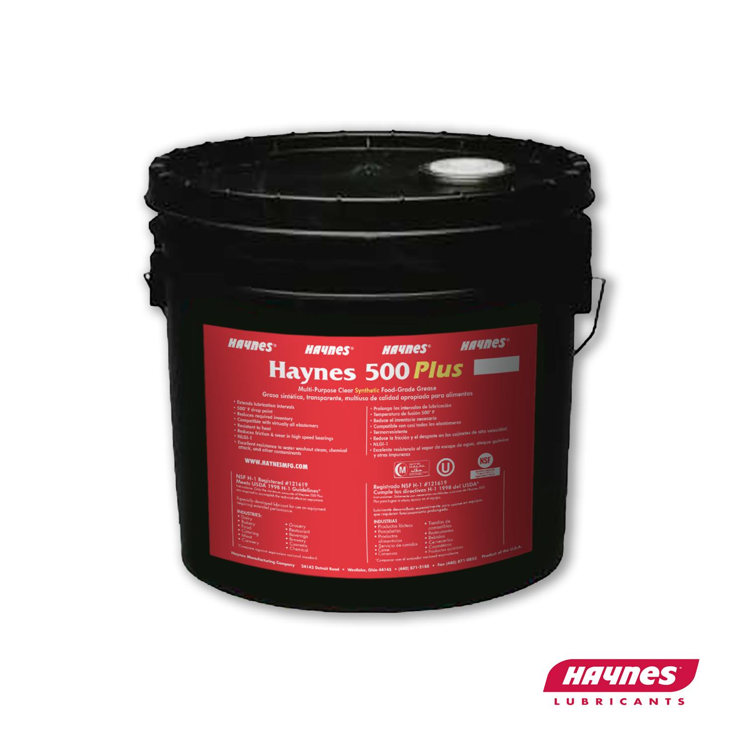 Black bucket with red label featuring Haynes 500 plus lubricant branding on a white background