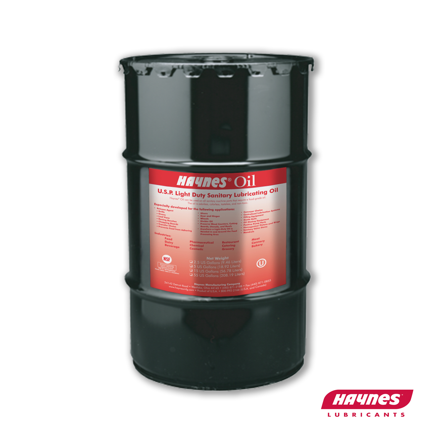 Haynes Oil 55 Gallon Drum with Haynes Logo on the bottom right