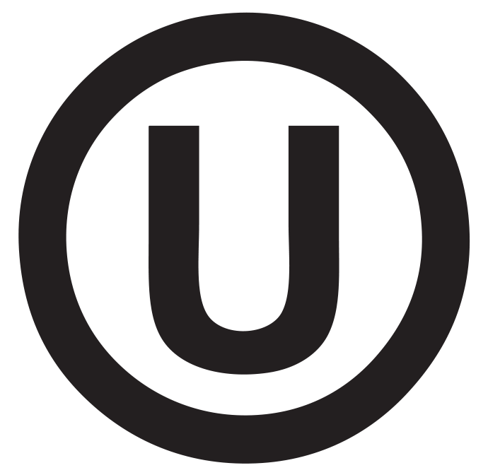 Black circle with a white 'U' in the center on a white background