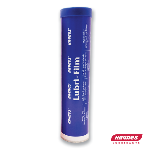 Blue tube of Haynes Lubri-Film on a white background