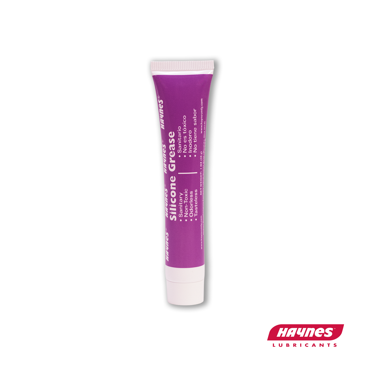 Purple tube of silicone grease with white cap on a white background, featuring Haynes Lubricants logo.